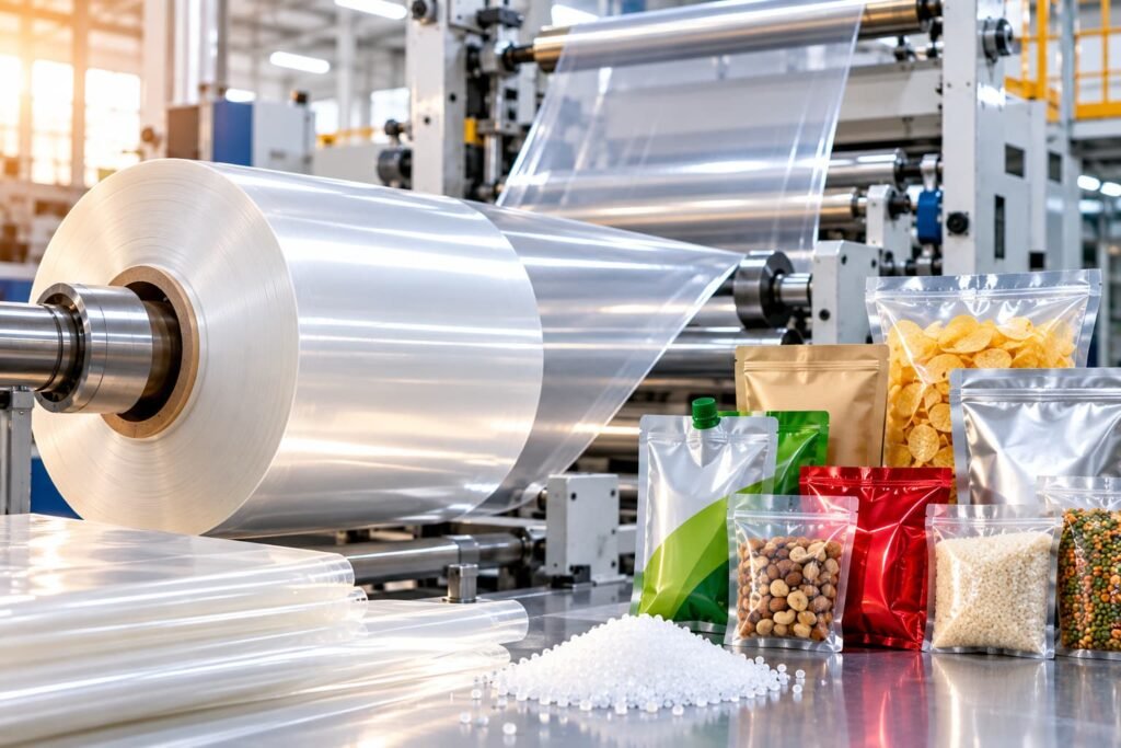 CPP film rolls and flexible packaging products in a modern manufacturing facility