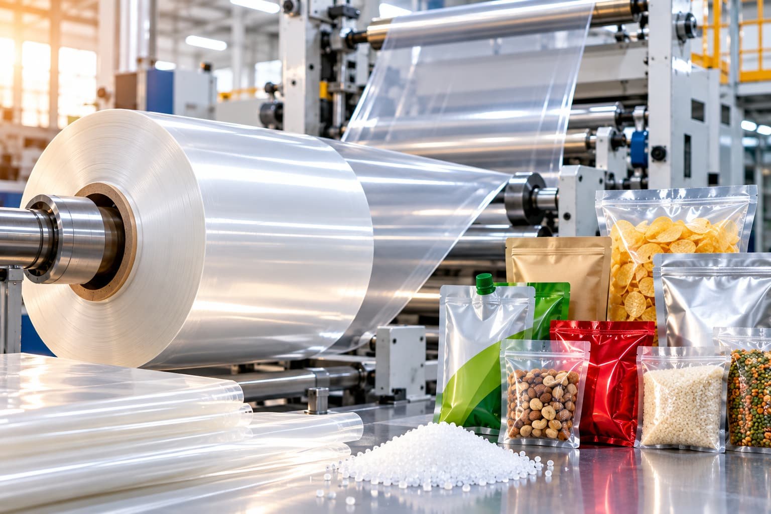 CPP film rolls and flexible packaging products in a modern manufacturing facility