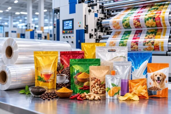 Flexible packaging products and modern printing machinery at a packaging company in India